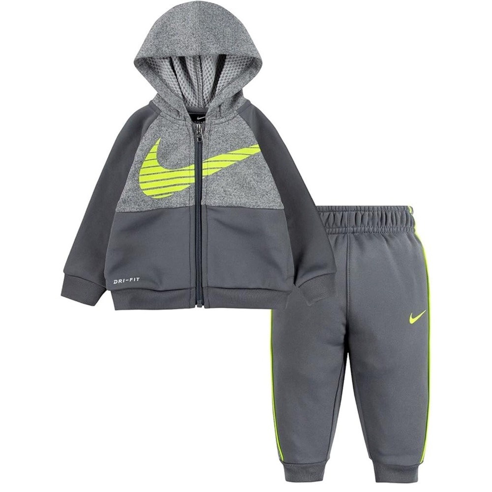 Nike Therma Fit Toddler Tracksuit 4T Gray Neon Swoosh Hoodie Jogger Set